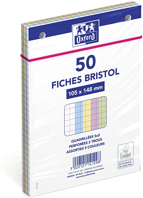 OXFORD Étui de 100 fiches bristol 210 g Format A6 105x148 mm Blanc Uni non  perforées - Tout Le Scolaire